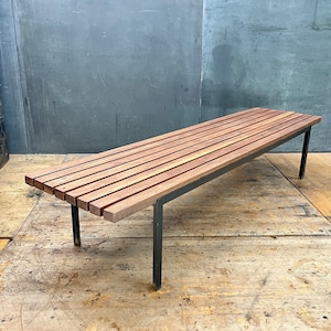 1950s Rare Florence Knoll T-Angle Coffee Table Bench for Knoll Associates Vintage American Mid-Century Walnut Slat T-Bar Bench Angle Iron image 1