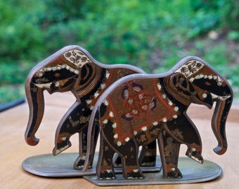 1950s Brass Elephant Bookends Enameled Vintage Mid-Century Pair Silhouettes