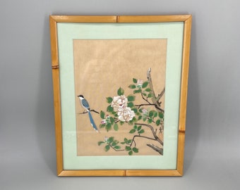 Vintage Mid-Century Japanese Painting on Linen Bird Scene