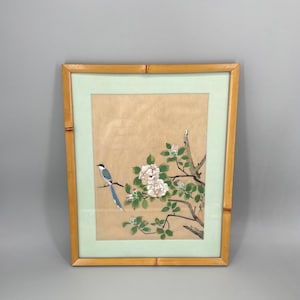 Vintage Mid-Century Japanese Painting on Linen Bird Scene image 1