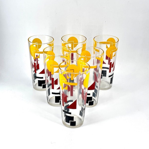 1940s DeStijl Graphic Pint Tumblers Vintage Drinking Glass Set Glasses