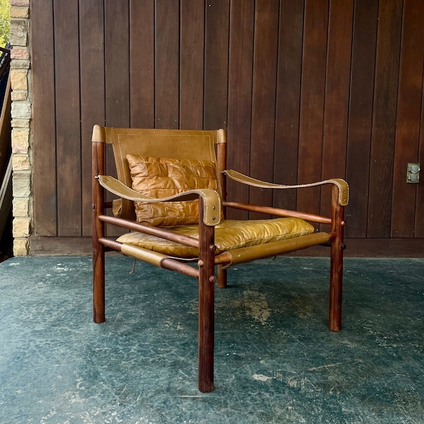 Arne Norell Sirocco Safari Lounge Chair Leather Sling Rosewood Vintage Danish Mid-Century Modern 1960s MCM