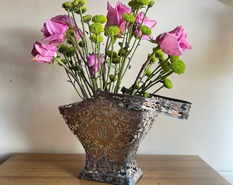 Vintage Bridal Basket Silverplate Floral Motif Monogrammed Mid-Century with Lid + Liner Silver Plated Complete