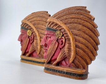 Vintage 1940s antiguo libro de cabeza de indios americanos termina bustos de escultura de mediados de siglo