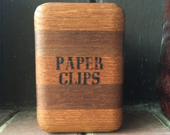 Sixties Staved Teak Burnished Graphic Design Paper Clips Canister Vintage Mid-Century Lou Hodges