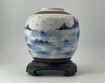 Antique 18th Century Chinese Asian Qing Dynasty Porcelain Blue White Ginger Jar Tongzhi Era Vintage Chinoiserie