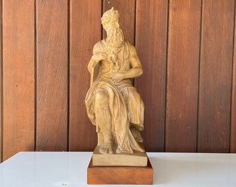 Michelangelo Moses French Louvre Museum Sculpture Walnut Vintage Mid-Century Classical Alva Studios Horned Moses 10 Commandments Replica