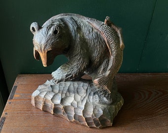 1950s Cabinmodern Carved Japanese Bear with Fish Vintage Mid-Century Craftsman Signed Hand Large Hokkai Mokkogesha