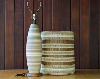 1960s Mid-Century Maria Kipp Chenille Shade Stoneware Walnut Table Lamp Vintage Modern