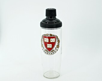 1960s Vintage Harvard Cocktail Shaker 3-Piece Bottle Drink Mixer Barware Mid-Century Crest College School Ivy League Bartender Bar