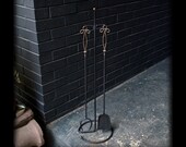 Richard Galef style Firetools Andirons Brass Balls Pitchfork Poker Iron Vintage Mid-Century Modern Minimalist