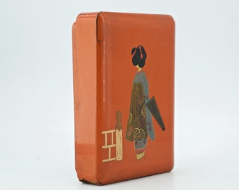 1930s japonesa rojo lacado caja pintada a mano Geisha joyería triníquez Fan paraguas vintage vintage
