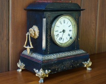 Ansonia Iron Case Clock 19th Century Mantle Vintage Antique Victorian Wind-Up