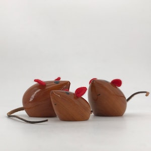 Vintage Mid-Century German Shrunk Wooden Mice Sculptures Toys Leather Tails image 1