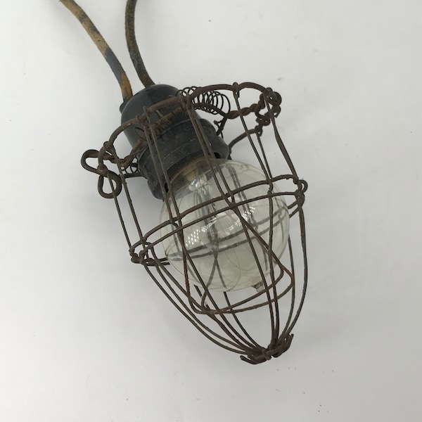 Antique Edison Ampoule De Sécurité Fil Cage 'Piège à Rats' Rare Early Electric Lightbulb Mine Sous-sol vintage Industriel Gas Tip Loop Filament
