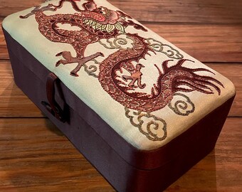 Vintage Embroidery Dragon on Silk / Satan Covered Jewelry Box Latch Asian Chinese Japanese Chinoiserie Korea 1950s 1960s 1970s