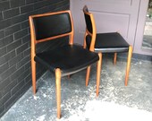 Pair of JL Moller Model 80 Danish Teak Black Vinyl Dining Chairs Vintage Mid-Century Modern Scandinavian MCM Upholstered 1960s