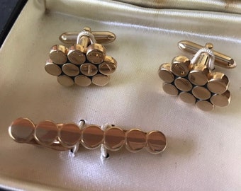 Swank Cufflinks & Tie Clip Set Early Box Gift Bubbles Circles Honeycomb Art Deco 1950s Mid-Century