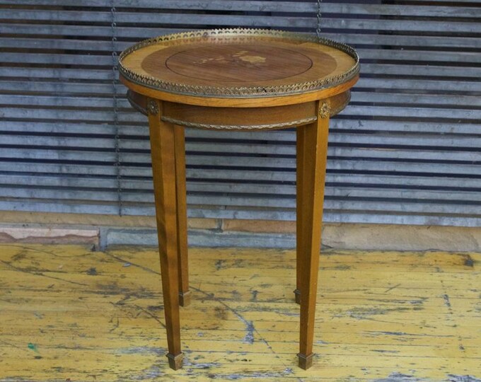 Antique Round Side Table Floral Inlay Brass Edging Vintage Midcentury