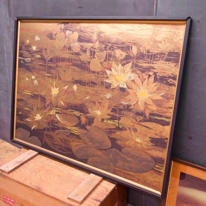 1960s Print Framed Van Amstel California Wall Art Golden Water Lilies Lithograph Flowers Lily Impressionist Vintage Mid-Century image 2