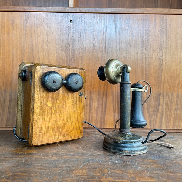 Kellogg Switchboard & Supply Company Antique Generator/Ringer Box + Candlestick Telephone Vintage 1900s
