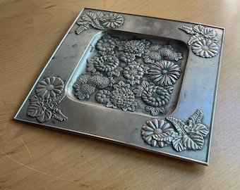 Antique Japanese Chrysanthemum Repoussé Tray Meiji Style Early 20th Century Silverplated Kiku
