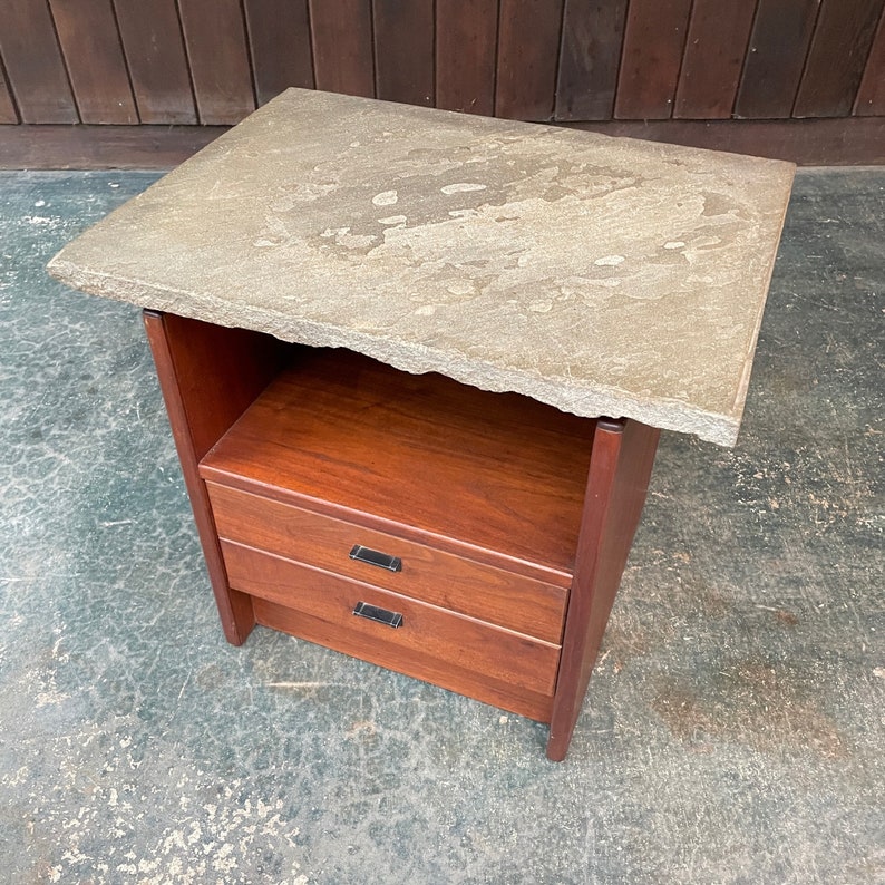 Mid-Century Stone Walnut Nightstand 2-Drawer Vintage Cabinmodern image 4