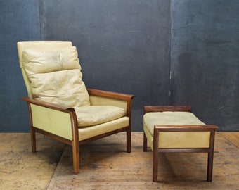 Vatne 1960s Rosewood Leather Model Nº924 Lounge Chair Ottoman by Olsen Kayser Vintage Mid-Century Scandinavian Modern Danish