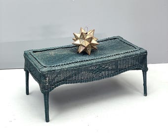 American Victorian Wicker Coffee Table Navy Blue Vintage Cottage