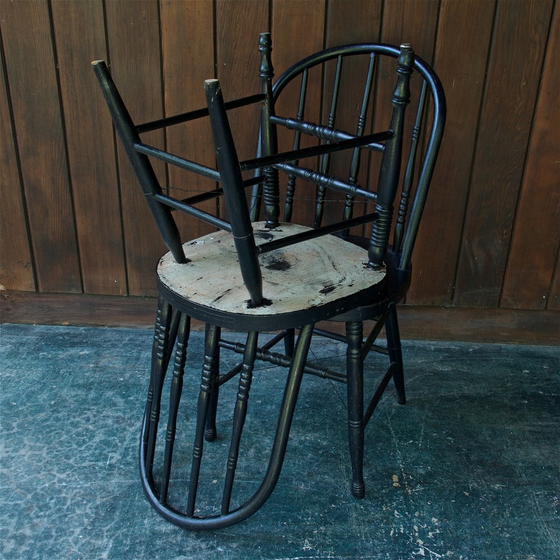 Pair 1920s Rustic Black Spindle Bentwood Farmhouse Side Dining Chairs Vintage Early Century Wire Reinforced Kitchen Nook Hoop Back Eclectic image 9