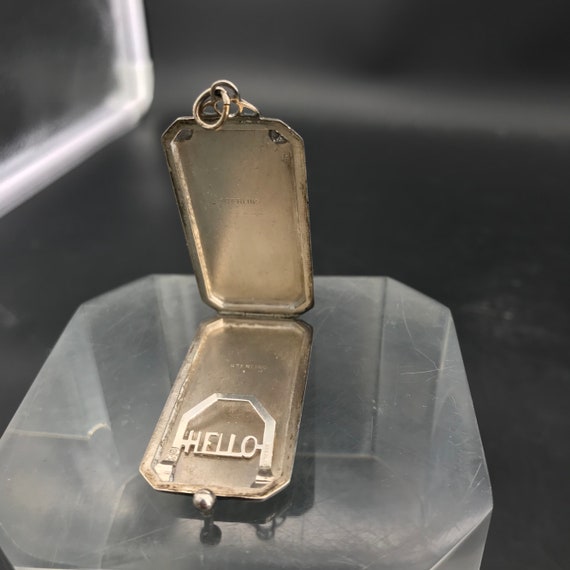 Antique Locket HELLO unique Sterling Rectangle Victorian Edwardian Necklace Charm Photograph Keepsake