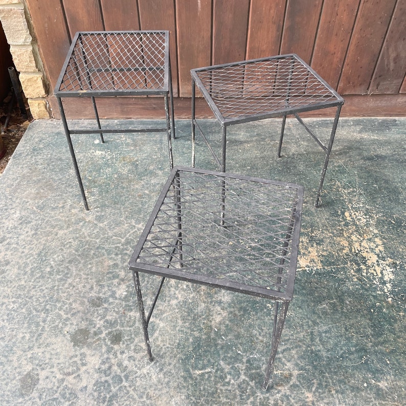 Salterini Style Outdoor Patio Furniture Nesting Tables Iron Expanded Metal Vintage Mid-Century Modernist image 2