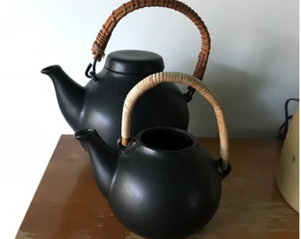 2 Teapots, 1 Lid, Black Arabia Black Ceramic Vintage Danish Mid-Century Modern