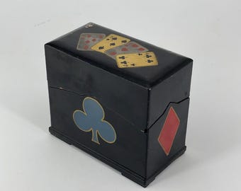 Black Japan Lacquerware Box Playing Cards Holder Suits Clubs Hearts Diamonds Spades