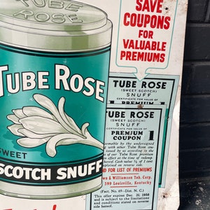 Vintage Tube Rose Tin Sign Antique Mid-Century Snuff Tobacco Advertising Wall Art Hanging image 4