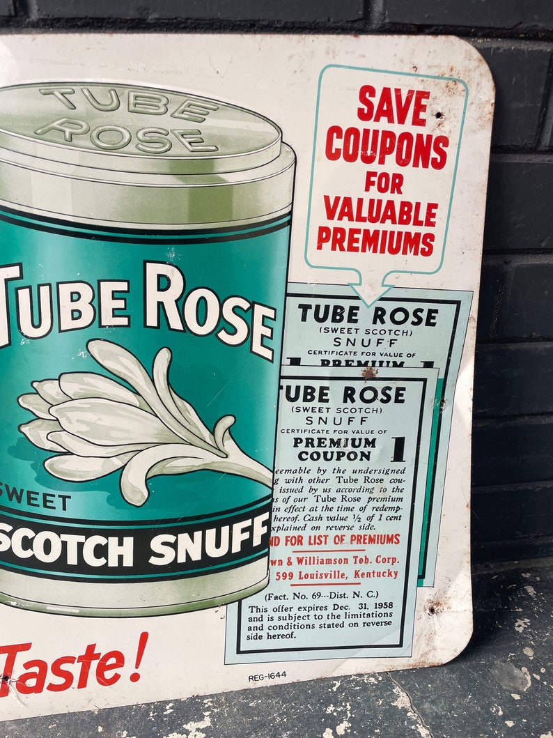 Vintage Tube Rose Tin Sign Antique Mid-Century Snuff Tobacco Advertising Wall Art Hanging image 4