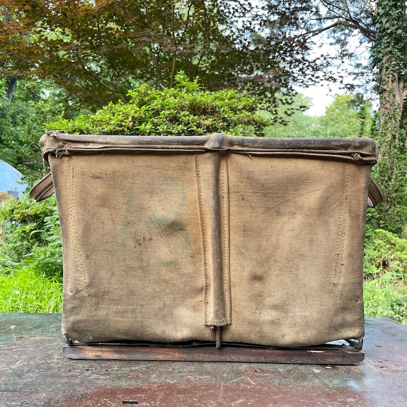 1950s Vintage Leather, Canvas Iron Laundry Basket Industrial Factory Vintage Steele Mfg image 3