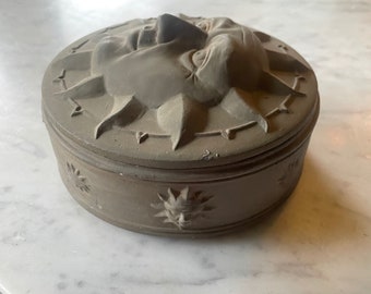Vintage Sun Face Terracotta Lidded Bowl Dish Jewelry Box