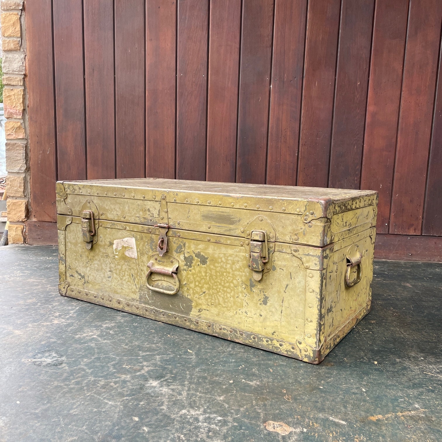 Vintage Military FOOT LOCKER w Tray Wood Trunk chest flat top storage green  box