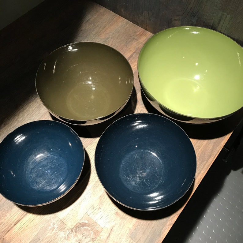 Set of Four Vintage Mid-Century Kaj Franck Arabia Enamel Bowls Scandinavian Krenit Arabia Danish Swedish