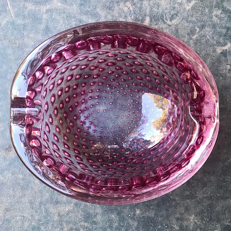 Murano Venini Controlled Bubble Art Glass Cigar Ashtray Bowl Vintage Mid-Century Hydrangea Pink Sommerso Ravenna image 5