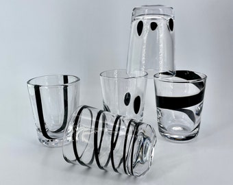 4 1980s Art Glass Whiskey Glasses Heavy Spirals Stripes Polka Dots Vintage Late Mid-Century Post-Modern