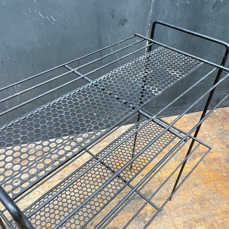 Atomic Wire Two Tier Side Table Rack Vintage Mid-Century Apartment Modern Plant Stand 1950s Black Perforated image 5