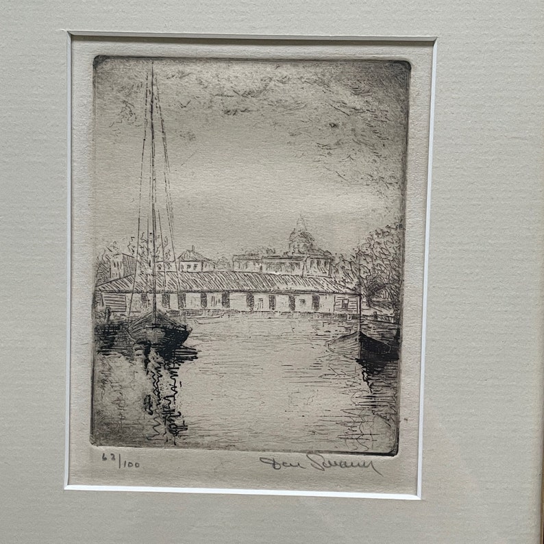 Vintage Etching Bridge River Scene Stone Lithograph Countryside Boat Unknown Artist Signed Mid-Century image 2