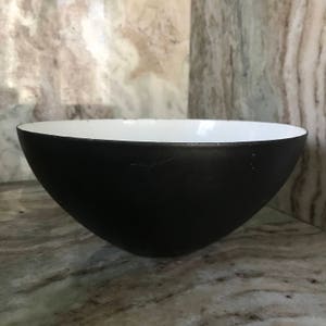 Vintage Herbert Krenchel Krenit Denmark Bowl White and Black Enamel Mid-Century Scandinavian Large Dish Vessel