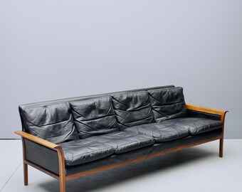 1960s Vintage Vatne Mobler Black Leather Rosewood 4-Seater Sofa Mid-Century Scandinavian Design Knut Saeter