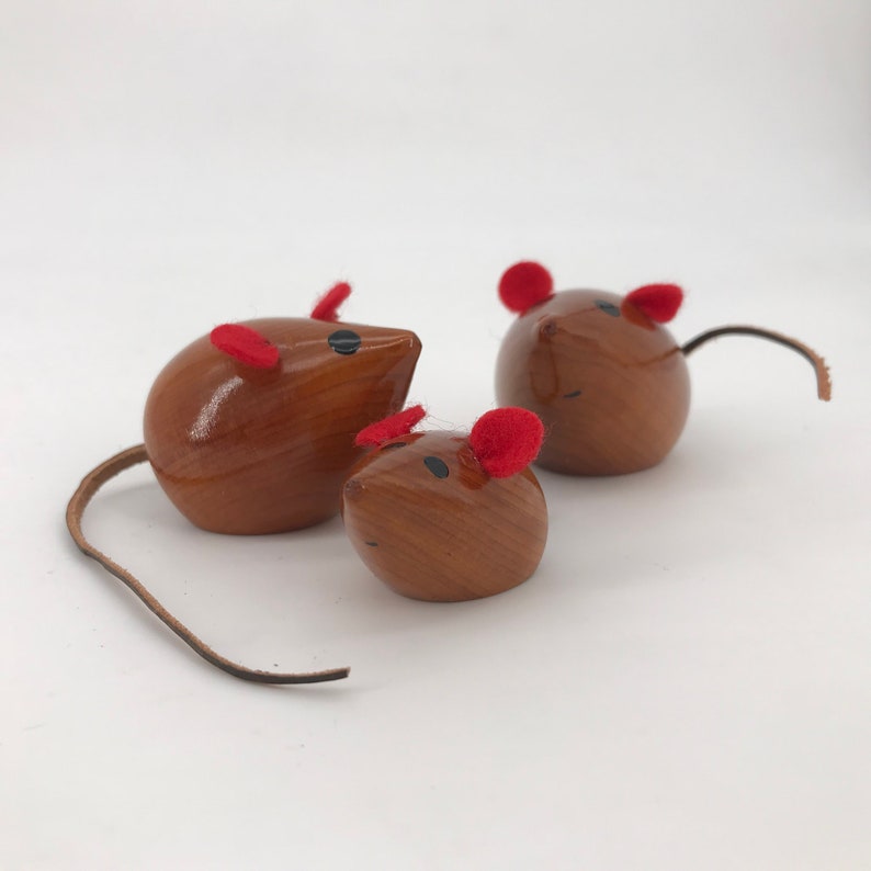 Vintage Mid-Century German Shrunk Wooden Mice Sculptures Toys Leather Tails image 2