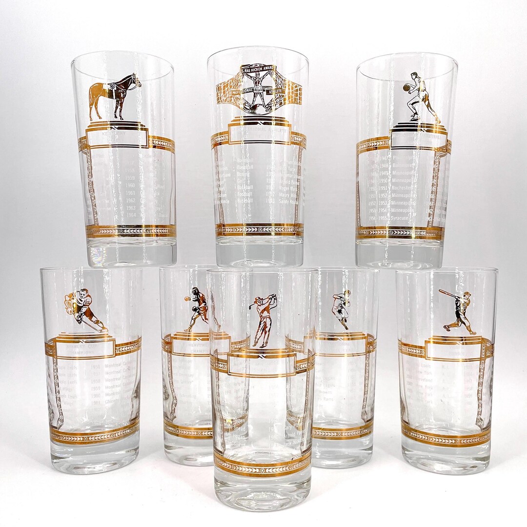 Vintage Sports Glasses Gold Trim Mid-century Bar Set 8 MCM Barware ...
