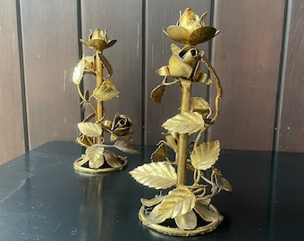 1960s Italian Gilt Metal Floral Candlesticks Table Sculptures Candle Holders Vintage Mid-Century