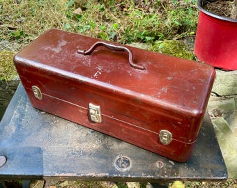 1960s Maroon Steel USA Tackle Box Fishing Jewelry Making Storage Lunch Lures Segmented Lockable Made in USA
